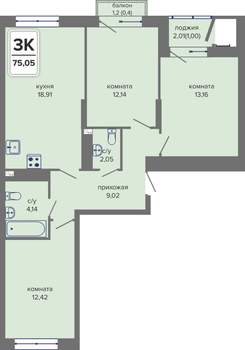 3-к квартира, вторичка, 75м2, 3/14 этаж