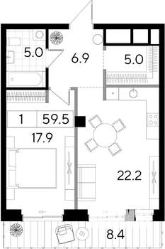 Студия квартира, вторичка, 60м2, 1/8 этаж