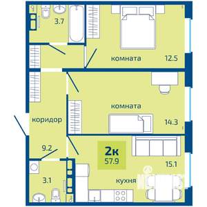 2-к квартира, строящийся дом, 58м2, 8/10 этаж