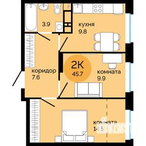 2-к квартира, строящийся дом, 46м2, 12/25 этаж