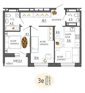 3-к квартира, строящийся дом, 54м2, 23/25 этаж