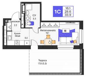 Студия квартира, строящийся дом, 34м2, 17/25 этаж