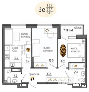 3-к квартира, строящийся дом, 52м2, 19/25 этаж