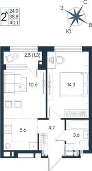 2-к квартира, строящийся дом, 40м2, 5/15 этаж