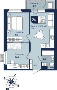 2-к квартира, вторичка, 49м2, 8/10 этаж