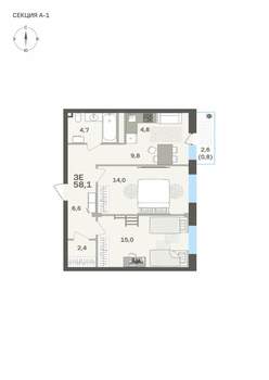 3-к квартира, вторичка, 58м2, 2/6 этаж