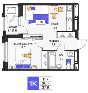 1-к квартира, строящийся дом, 38м2, 23/25 этаж