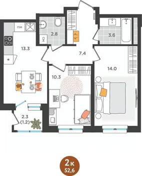 2-к квартира, вторичка, 53м2, 12/25 этаж