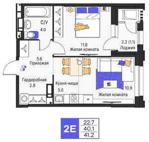 2-к квартира, строящийся дом, 41м2, 9/19 этаж