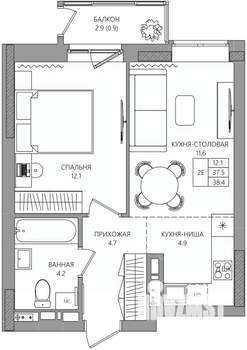 2-к квартира, вторичка, 38м2, 3/8 этаж