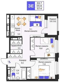 3-к квартира, вторичка, 57м2, 17/25 этаж