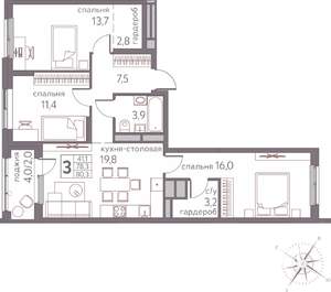 3-к квартира, вторичка, 80м2, 9/20 этаж