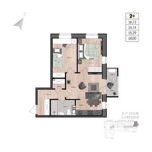 3-к квартира, строящийся дом, 58м2, 6/8 этаж