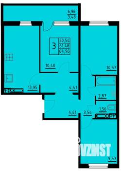 3-к квартира, вторичка, 65м2, 9/10 этаж