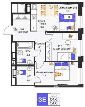 3-к квартира, строящийся дом, 54м2, 4/25 этаж