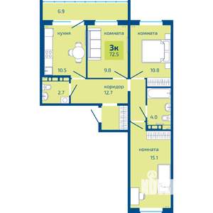 3-к квартира, строящийся дом, 73м2, 4/10 этаж