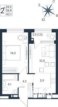2-к квартира, строящийся дом, 40м2, 10/15 этаж