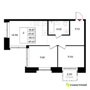 2-к квартира, вторичка, 48м2, 12/25 этаж