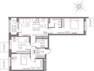 3-к квартира, вторичка, 81м2, 2/20 этаж