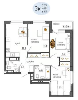 3-к квартира, строящийся дом, 64м2, 22/25 этаж