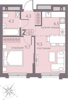 2-к квартира, строящийся дом, 38м2, 3/22 этаж