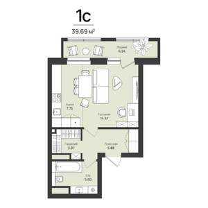 1-к квартира, строящийся дом, 40м2, 1/16 этаж