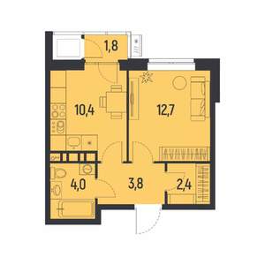 1-к квартира, вторичка, 34м2, 4/12 этаж