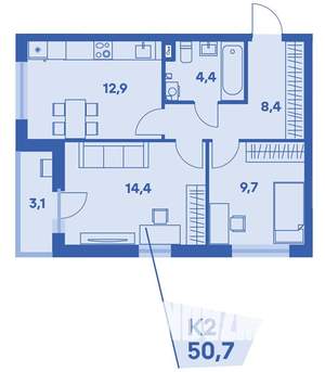 2-к квартира, вторичка, 51м2, 1/8 этаж