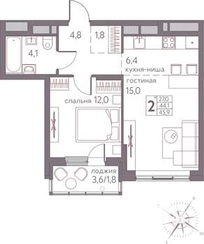 Студия квартира, строящийся дом, 46м2, 12/20 этаж