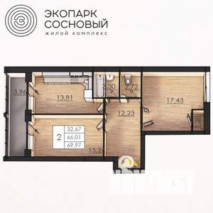 2-к квартира, вторичка, 66м2, 1/4 этаж