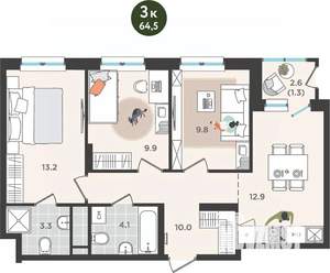 3-к квартира, вторичка, 65м2, 15/25 этаж