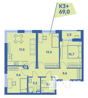 3-к квартира, вторичка, 69м2, 1/8 этаж