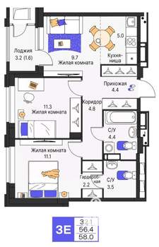 3-к квартира, вторичка, 58м2, 16/25 этаж