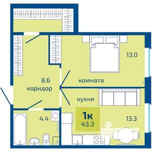 1-к квартира, вторичка, 43м2, 1/10 этаж