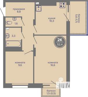 2-к квартира, вторичка, 52м2, 19/26 этаж