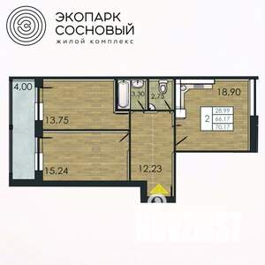 2-к квартира, вторичка, 66м2, 1/4 этаж