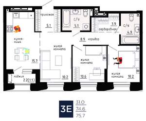 3-к квартира, вторичка, 76м2, 7/9 этаж