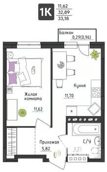 1-к квартира, вторичка, 33м2, 4/4 этаж