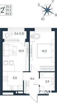 2-к квартира, строящийся дом, 41м2, 8/15 этаж