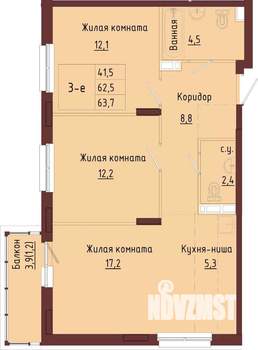 3-к квартира, строящийся дом, 66м2, 2/9 этаж