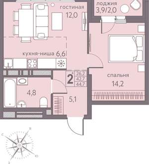 2-к квартира, вторичка, 45м2, 16/22 этаж