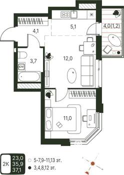 Студия квартира, строящийся дом, 37м2, 6/20 этаж