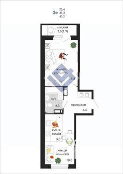 2-к квартира, вторичка, 43м2, 14/19 этаж