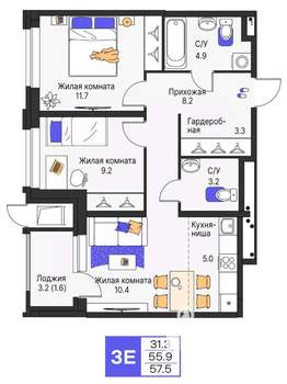 3-к квартира, вторичка, 58м2, 3/25 этаж