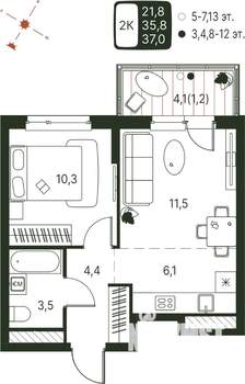 Студия квартира, строящийся дом, 37м2, 3/20 этаж