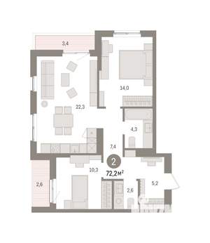 2-к квартира, вторичка, 72м2, 5/16 этаж
