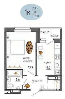 1-к квартира, строящийся дом, 33м2, 20/25 этаж