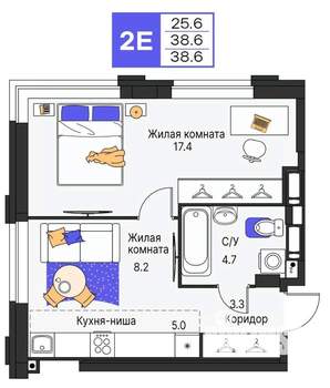 2-к квартира, строящийся дом, 39м2, 15/25 этаж