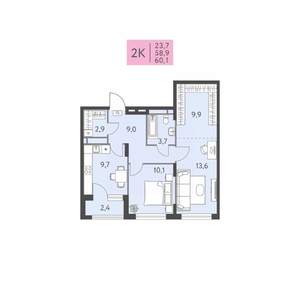 2-к квартира, вторичка, 60м2, 6/22 этаж