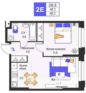 2-к квартира, строящийся дом, 41м2, 2/25 этаж